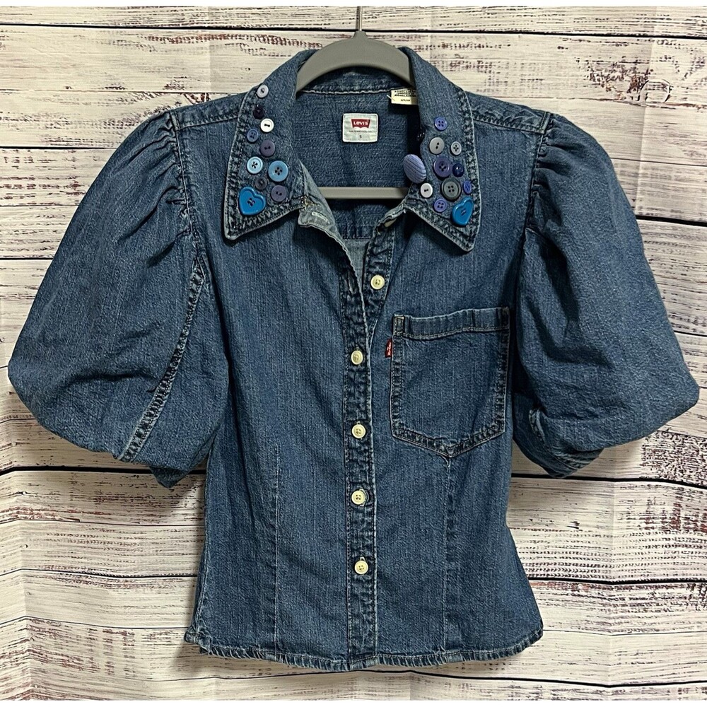 Levi's Denim Puff Sleeve Button Up Shirt Top Size Small Collar Embellished